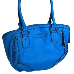 y2k teal blue faux leather shoulder bag with silver hardware and zipper details